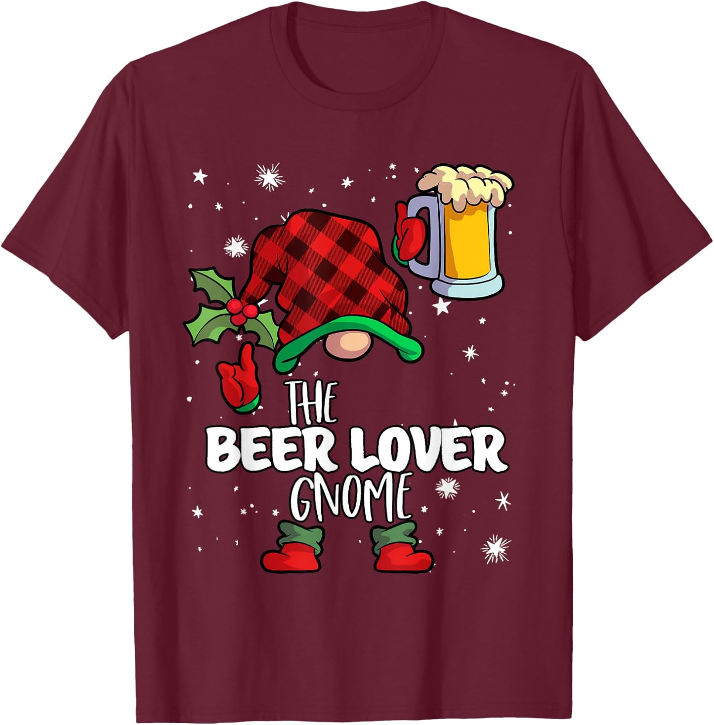 Beer Lover Gnome Red Buffalo Plaid Matching Family Christmas T-Shirt - T-Shirt | Maroon