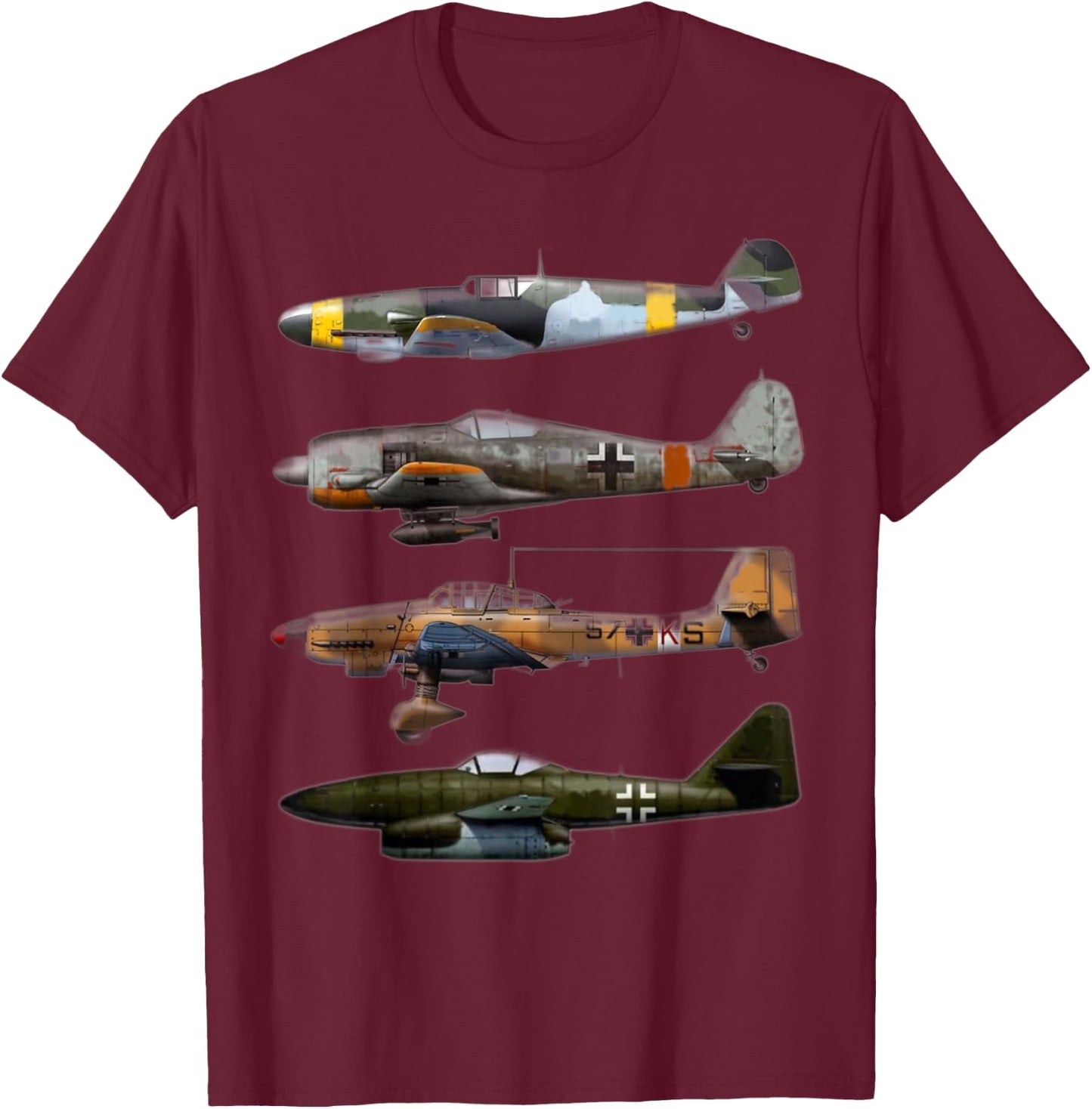 WW2 German Warplanes JU-87 Stuka ME 262 BF-109 T-Shirt - T-Shirt | Maroon