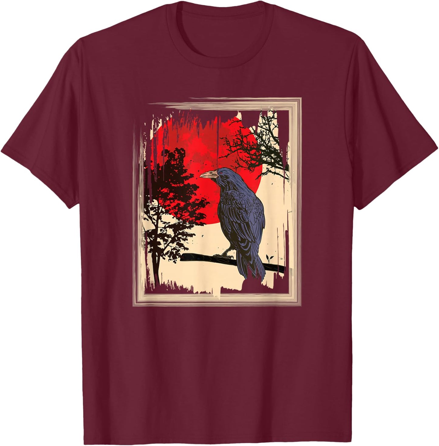 Gothic Red Moon Black Crow T-Shirt - T-Shirt | Maroon