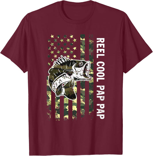 Father's Day Reel Cool Pap Pap Fish Camouflage American Flag T-Shirt - T-Shirt | Maroon