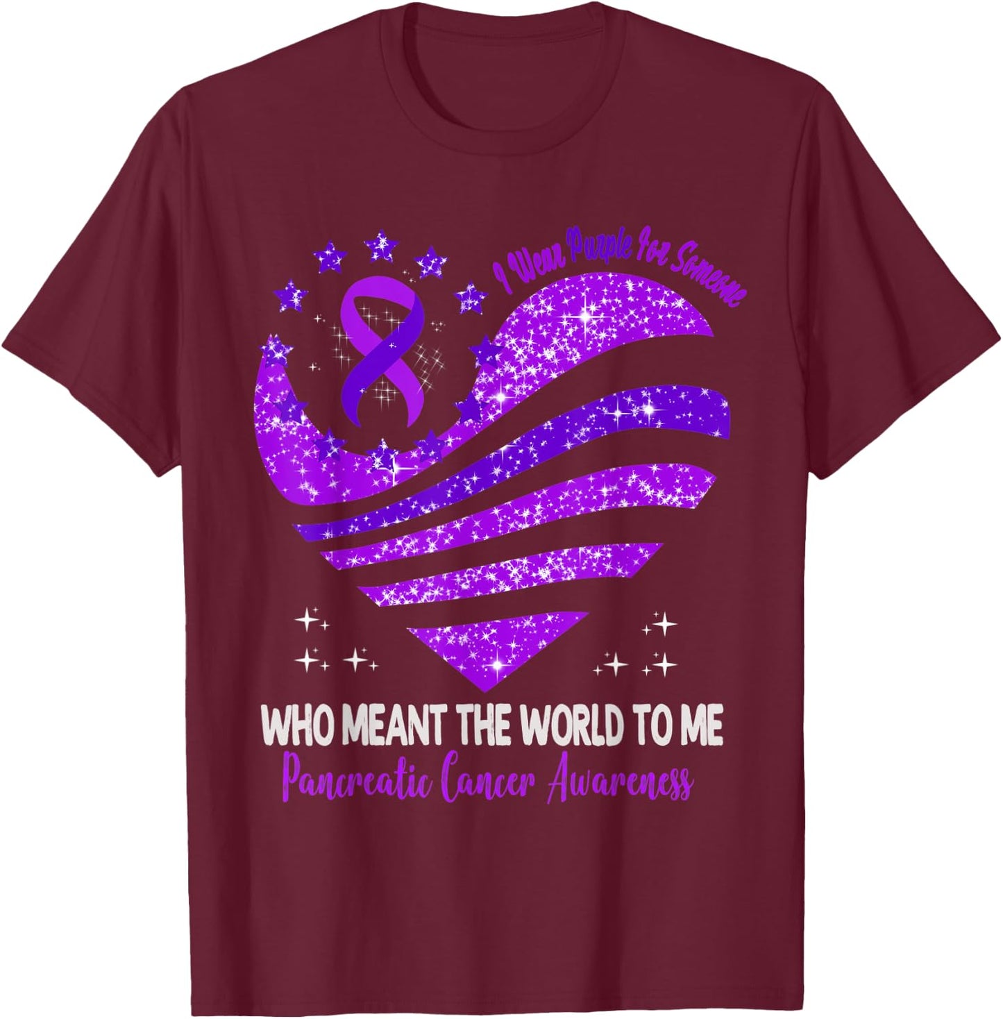I Wear Purple For Pancreatic Cancer Awareness Heart Ribbon T-Shirt - T-Shirt | Maroon