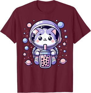 Kawaii Cat Astronaut With Boba Tea Anime In Space Adventure T-Shirt - T-Shirt | Maroon