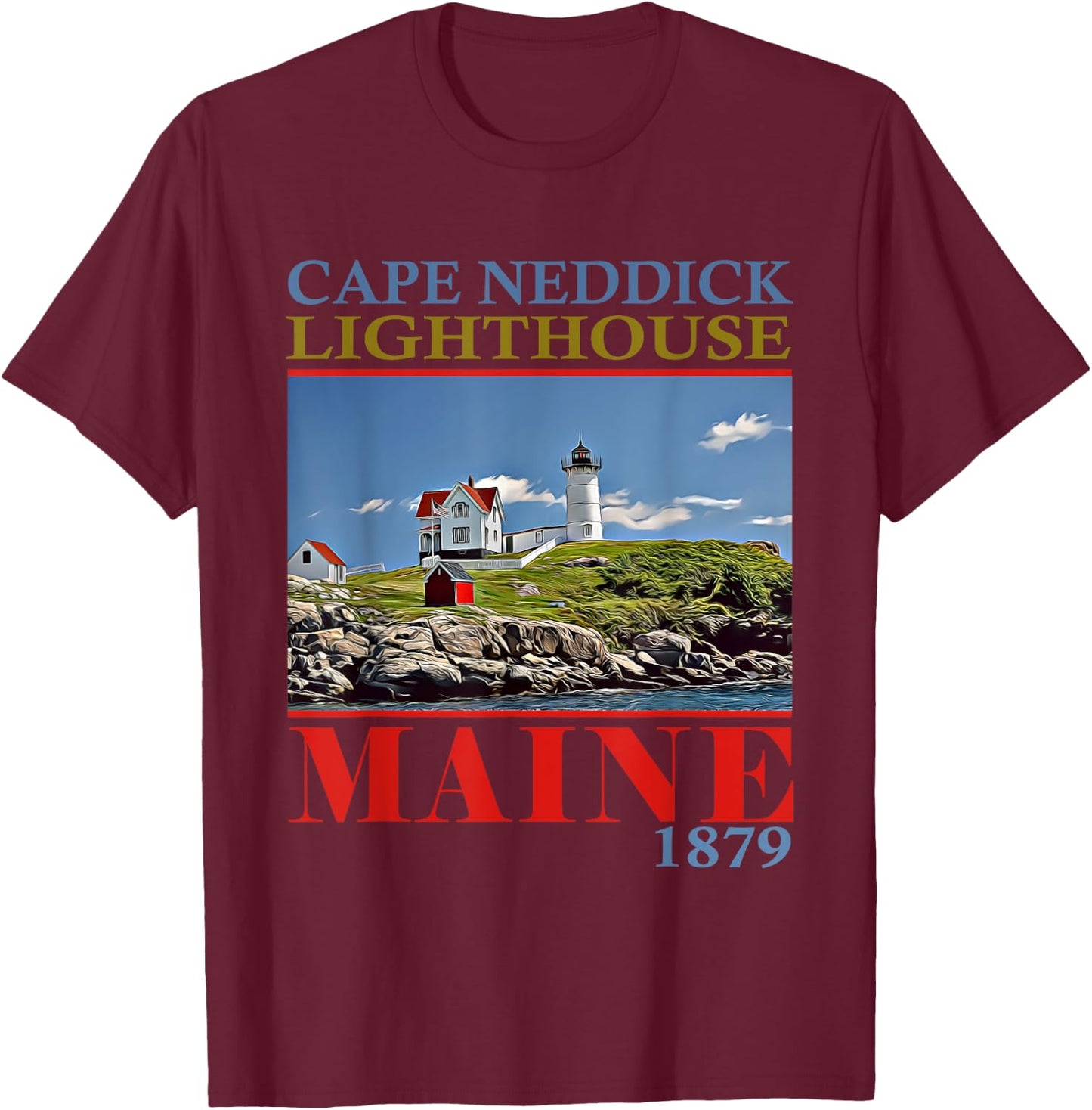 Cape Neddick Lighthouse Maine 1879 Design T-Shirt - T-Shirt | Maroon