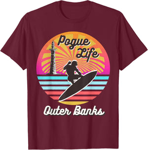 Surfer Pogue-Life-Outer-Banks Light Houses Retro Distressed T-Shirt - T-Shirt | Maroon