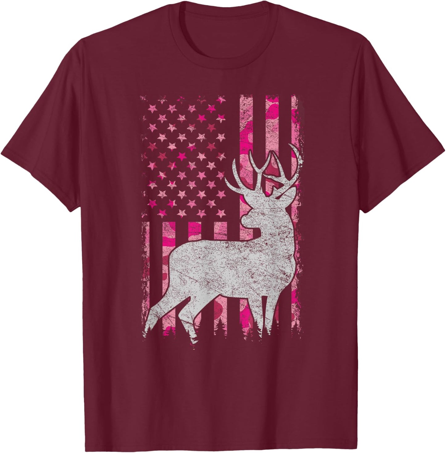 Women Girls Patriotic Pink Camo USA Flag Deer Hunter T-Shirt - T-Shirt | Maroon