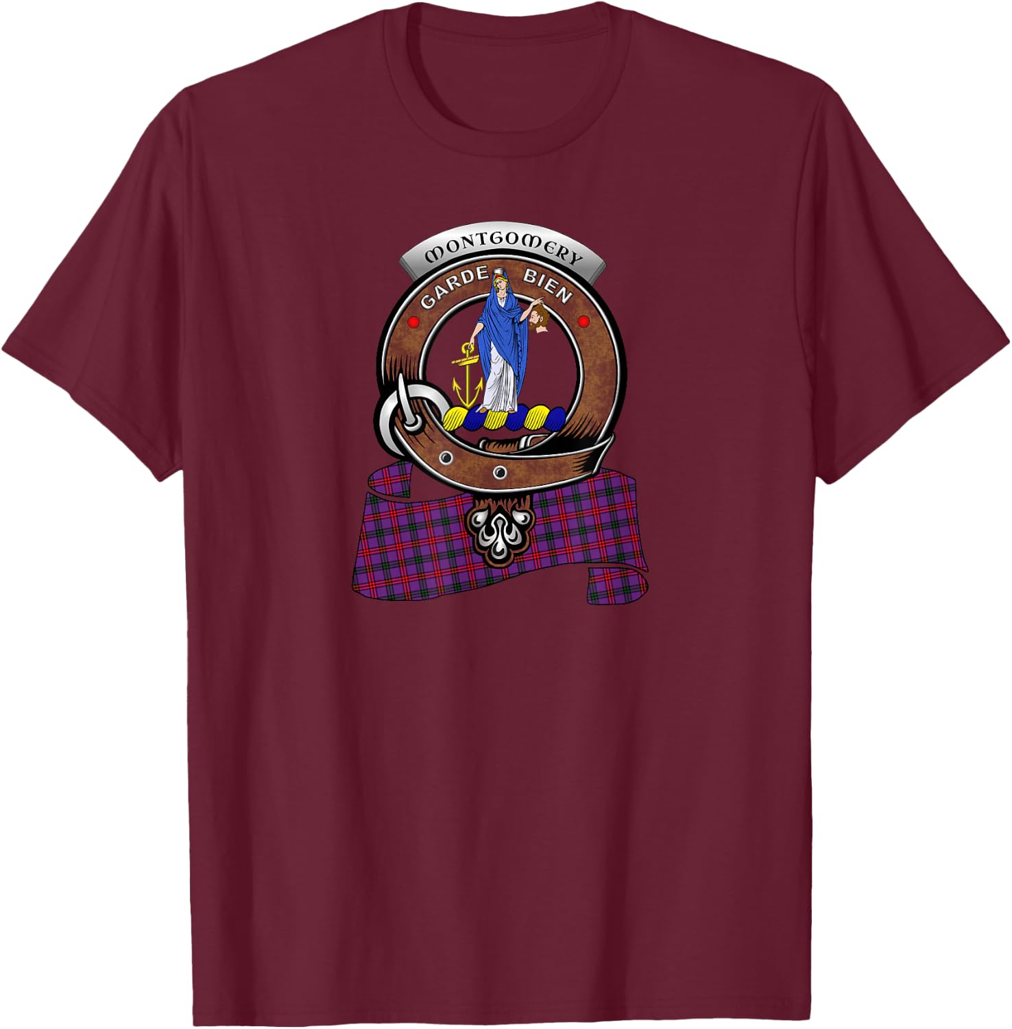 Montgomery Clan Badge & Tartan T-Shirt - T-Shirt | Maroon