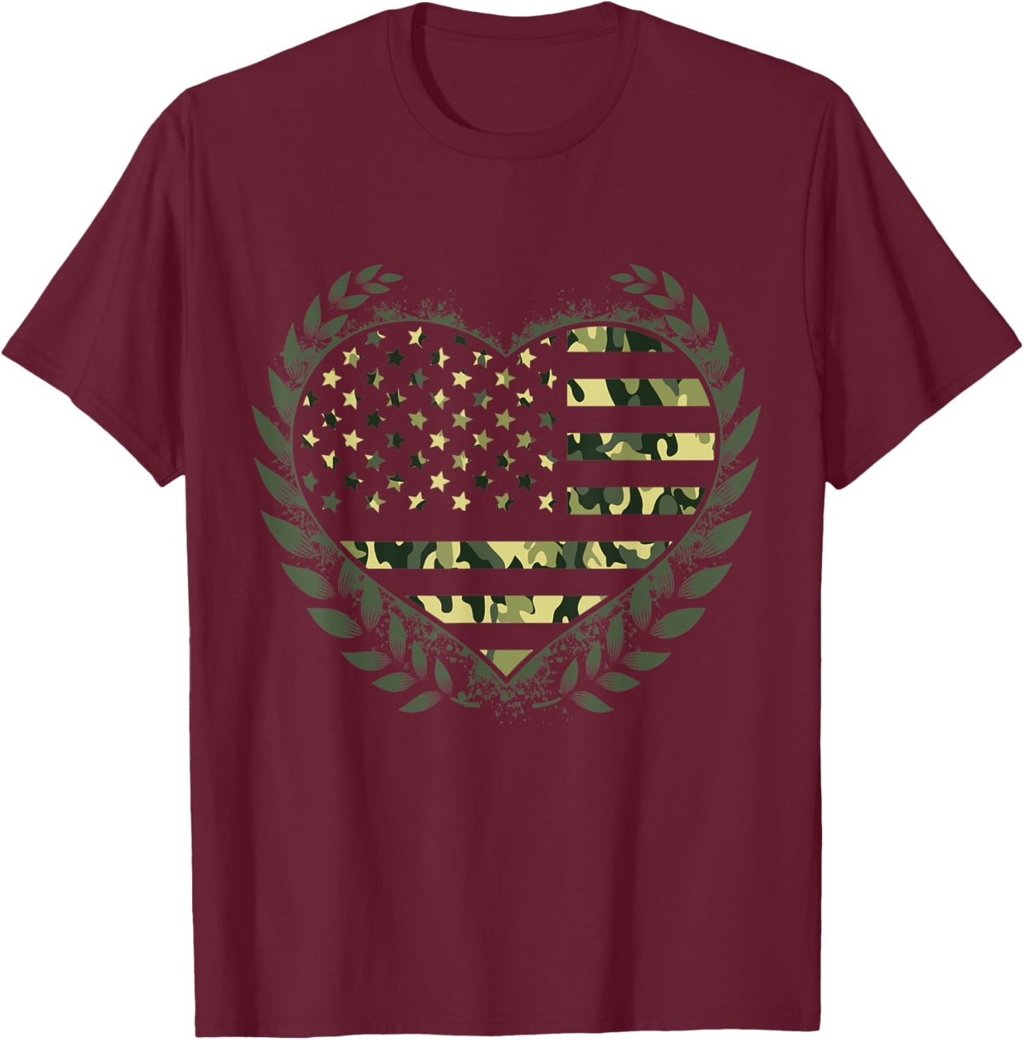 Army Love Heart Patriotic American Flag Laurel Wreath Design T-Shirt - T-Shirt | Maroon