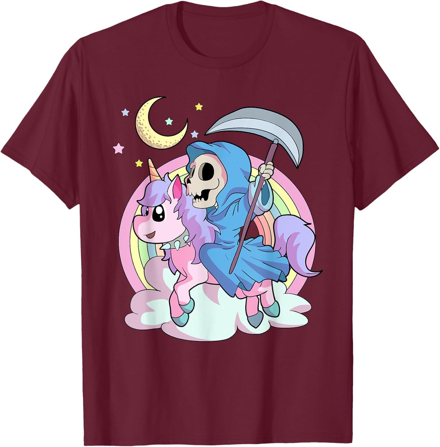 Kawaii Pastel Goth Unicorn and Grim Reaper Creepy Unicorn T-Shirt - T-Shirt | Maroon