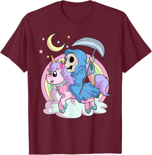 Kawaii Pastel Goth Unicorn and Grim Reaper Creepy Unicorn T-Shirt - T-Shirt | Maroon