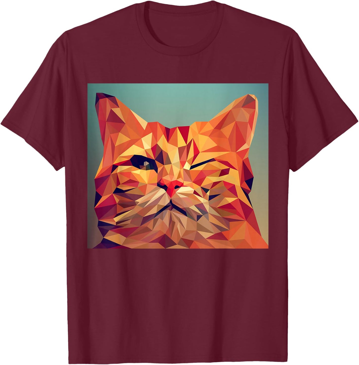 Winking Orange Cat Lover Feline Abstract Digital Poly Art T-Shirt - T-Shirt | Maroon