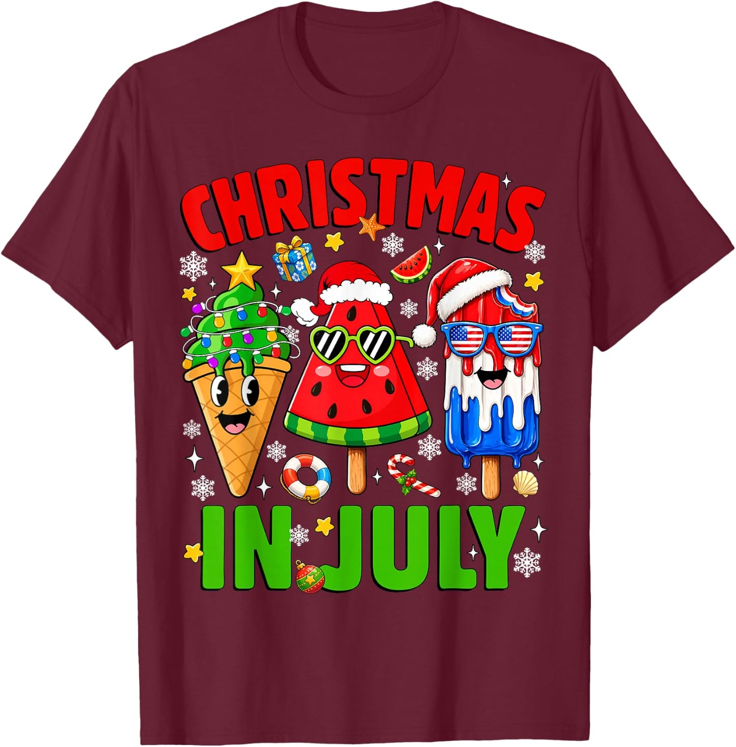 Christmas in July Ice Pops Watermelon Xmas Santa Hat Kids T-Shirt - T-Shirt | Maroon