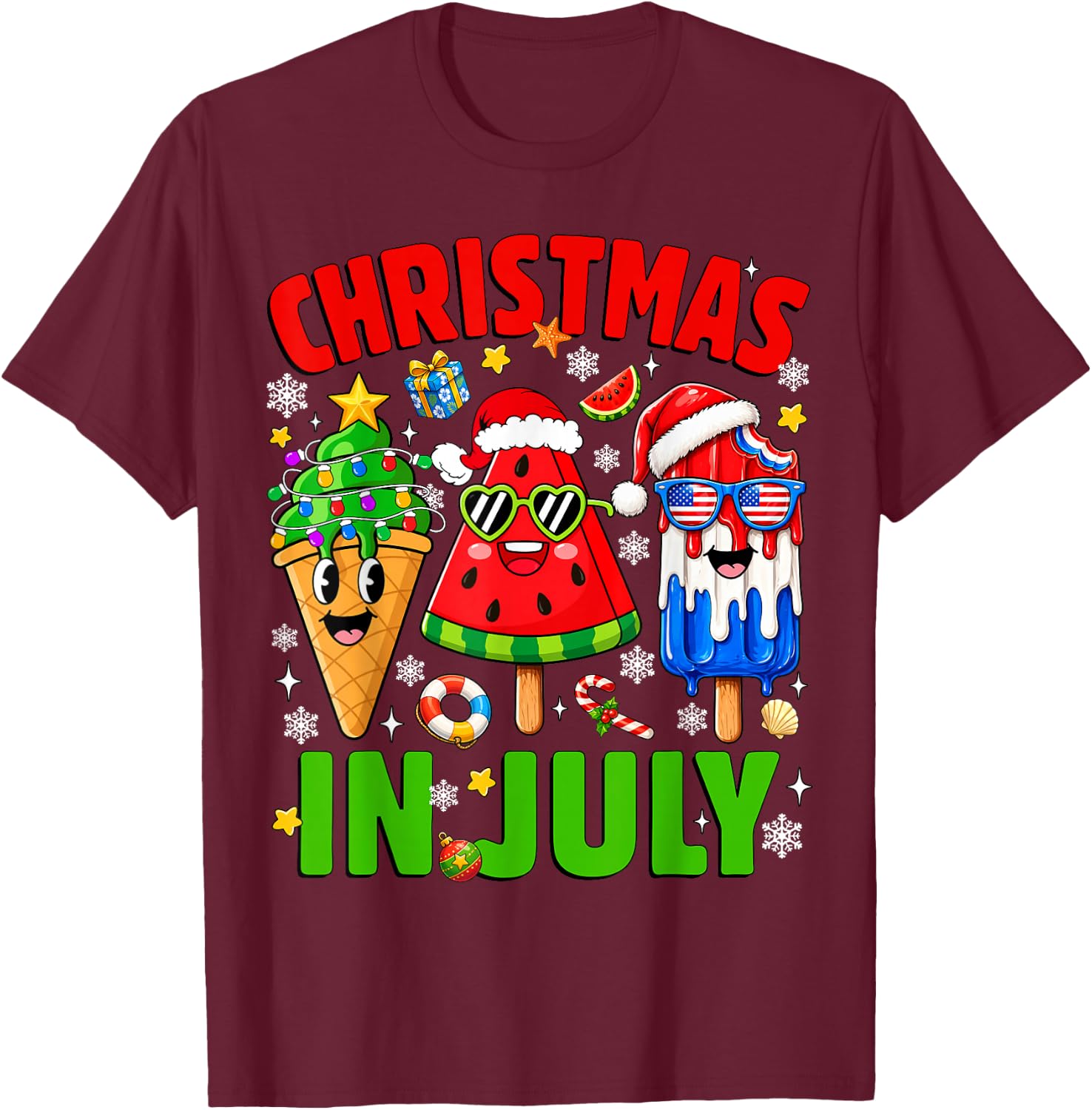 Christmas in July Ice Pops Watermelon Xmas Santa Hat Kids T-Shirt - T-Shirt | Maroon