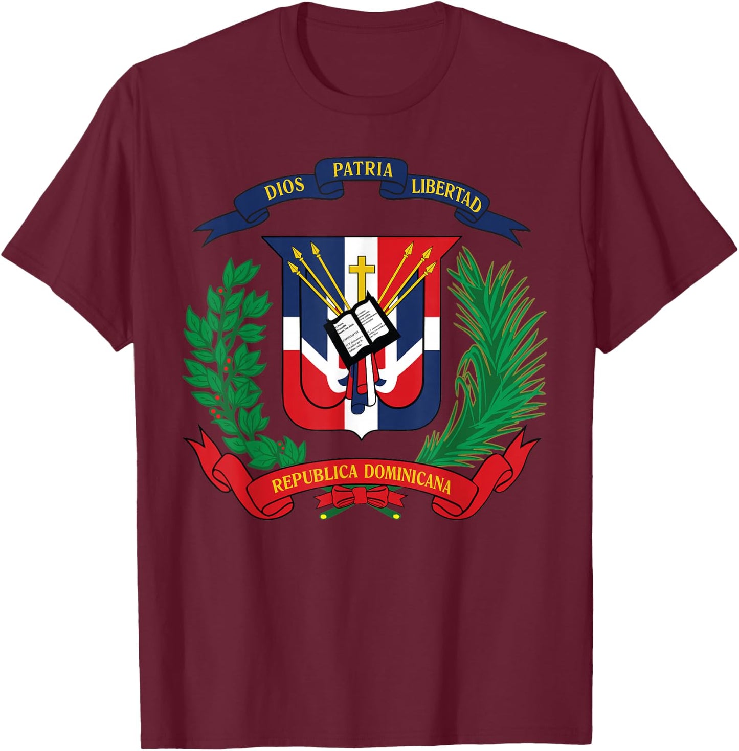 Dominican Republic National Emblem Flag T-Shirt - T-Shirt | Maroon