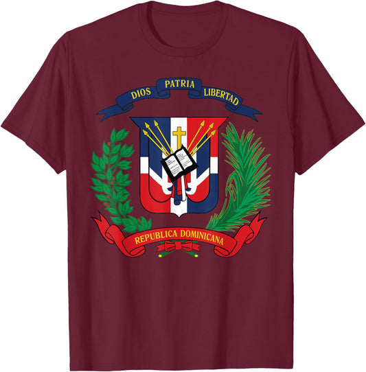 Dominican Republic National Emblem Flag T-Shirt - T-Shirt | Maroon