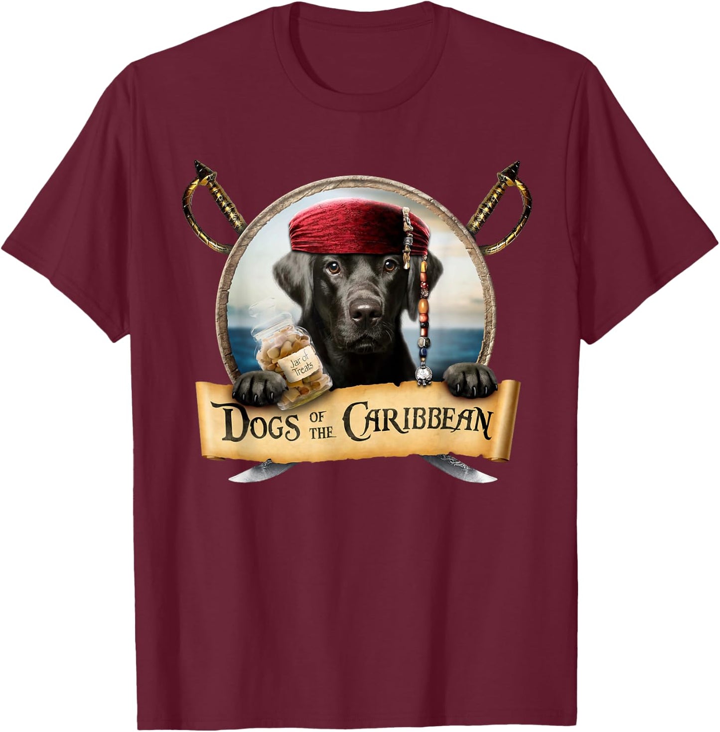 Dogs of the Caribbean - Cute Black Labrador Pirate T-Shirt - T-Shirt | Maroon