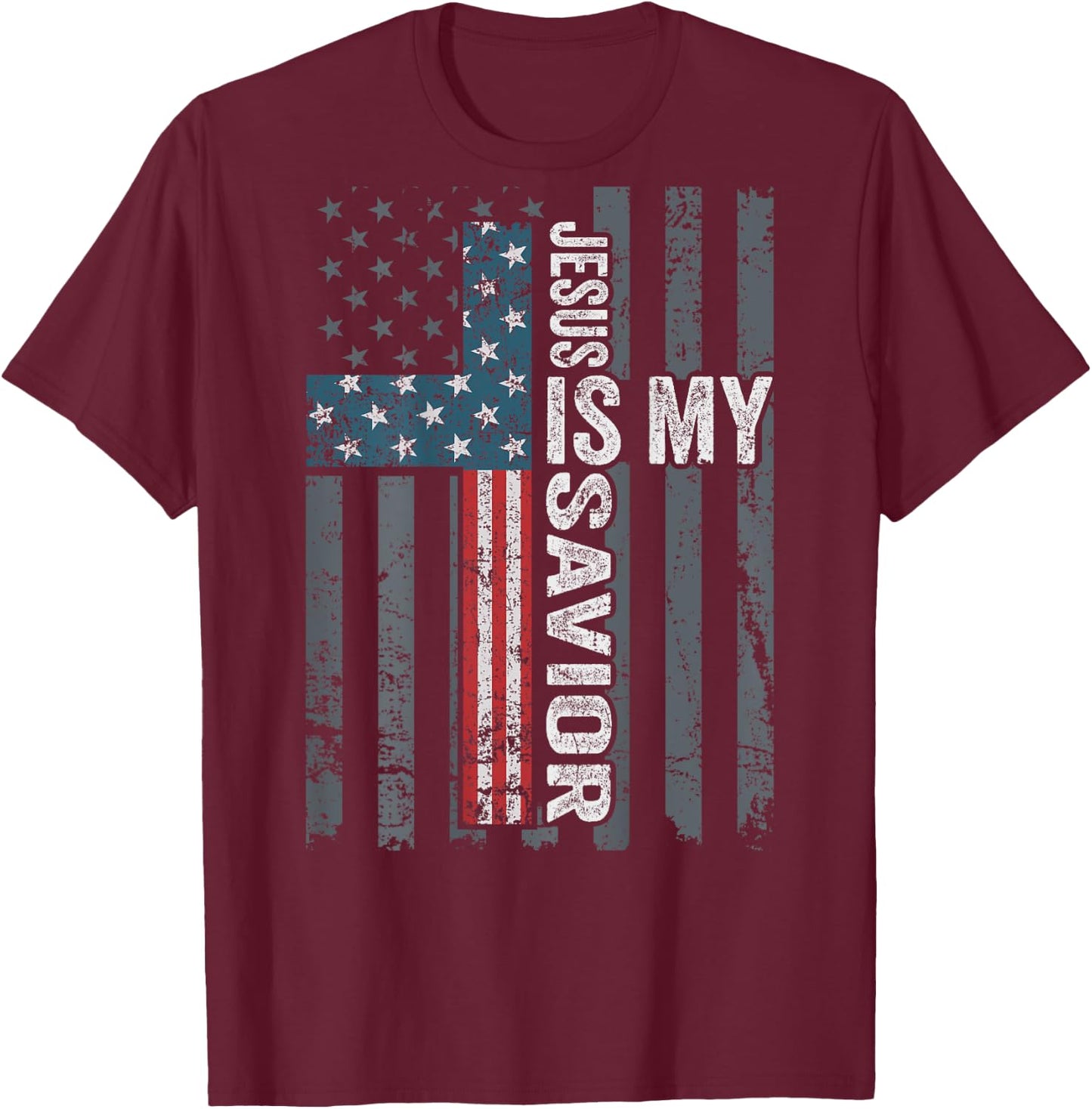 Jesus Is My Savior, Patriotic Christian Faith Cross ON BACK Women Kids Men T-Shirt - T-Shirt | Maroon