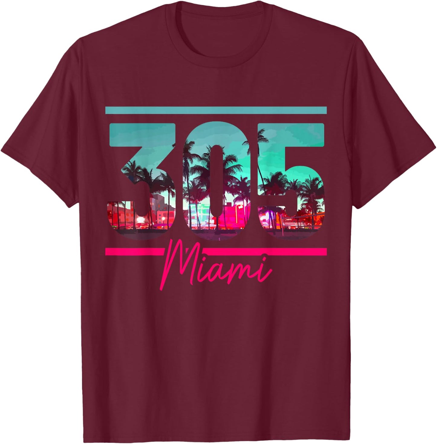 Miami 305 Area Code Florida Vintage Palm Trees Pride Retro T-Shirt - T-Shirt | Maroon