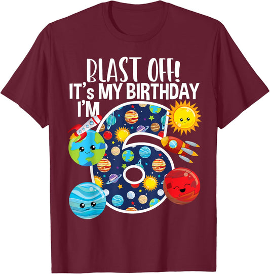 Space Planets Funny Solar Space 6th Birthday Party 6 Yrs Old T-Shirt - T-Shirt | Maroon
