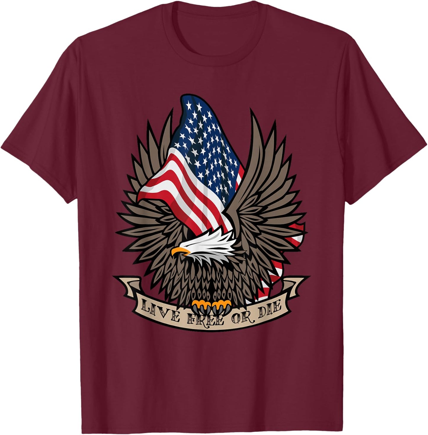 Patriotic Live Free or Die USA Bald Eagle and American Flag T-Shirt - T-Shirt | Maroon