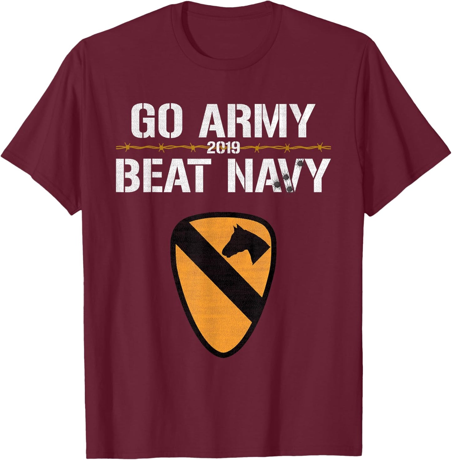 Veterans & Armed Forces Design (VAFD) 2019 Go Army! Beat Navy! Barbed Wire, Bullet Holes & Cavalry - Black, , Short Sleeve, , Modern Style, Military Theme, Adult Size: Small T-Shirt - T-Shirt | Maroon