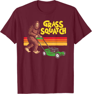 GrassSquatch! Push Lawn Mower Funny Bigfoot Sasquatch 80s T-Shirt - T-Shirt | Maroon