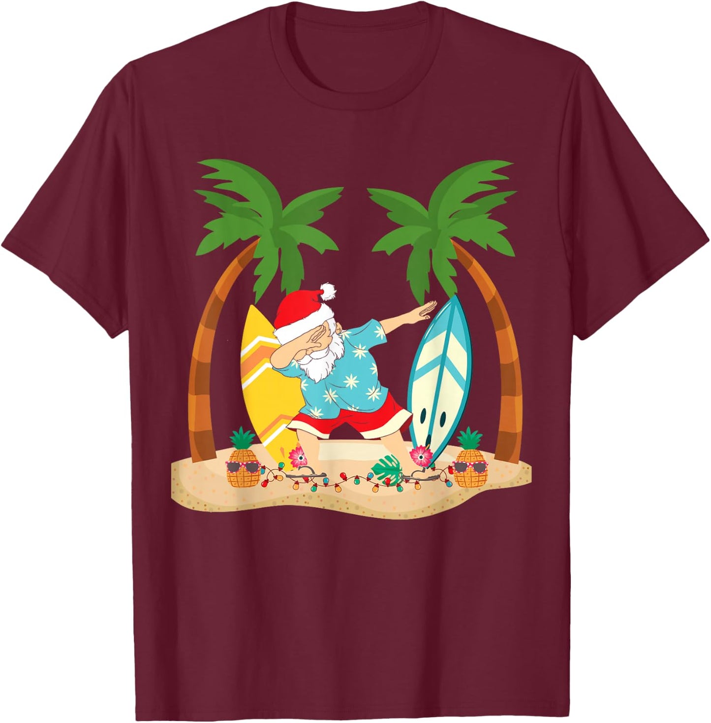Christmas in July Dabbing Santa Tropical Beach Surfing T-Shirt - T-Shirt | Maroon