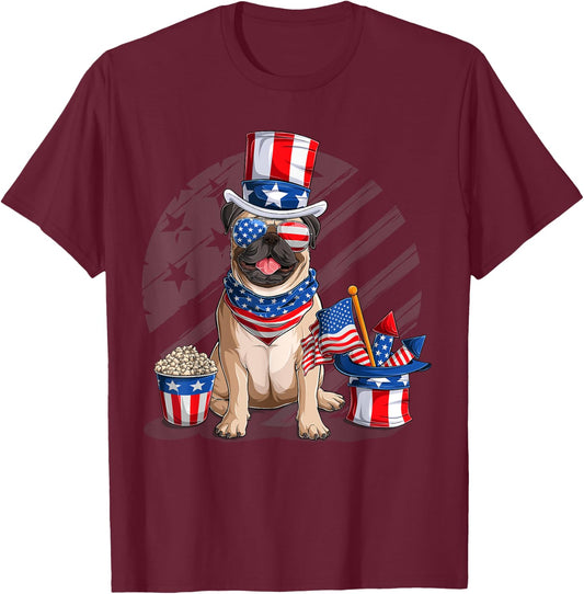 American Flag Pug 4th July Independence Day T Kids Men T-Shirt - T-Shirt | Maroon