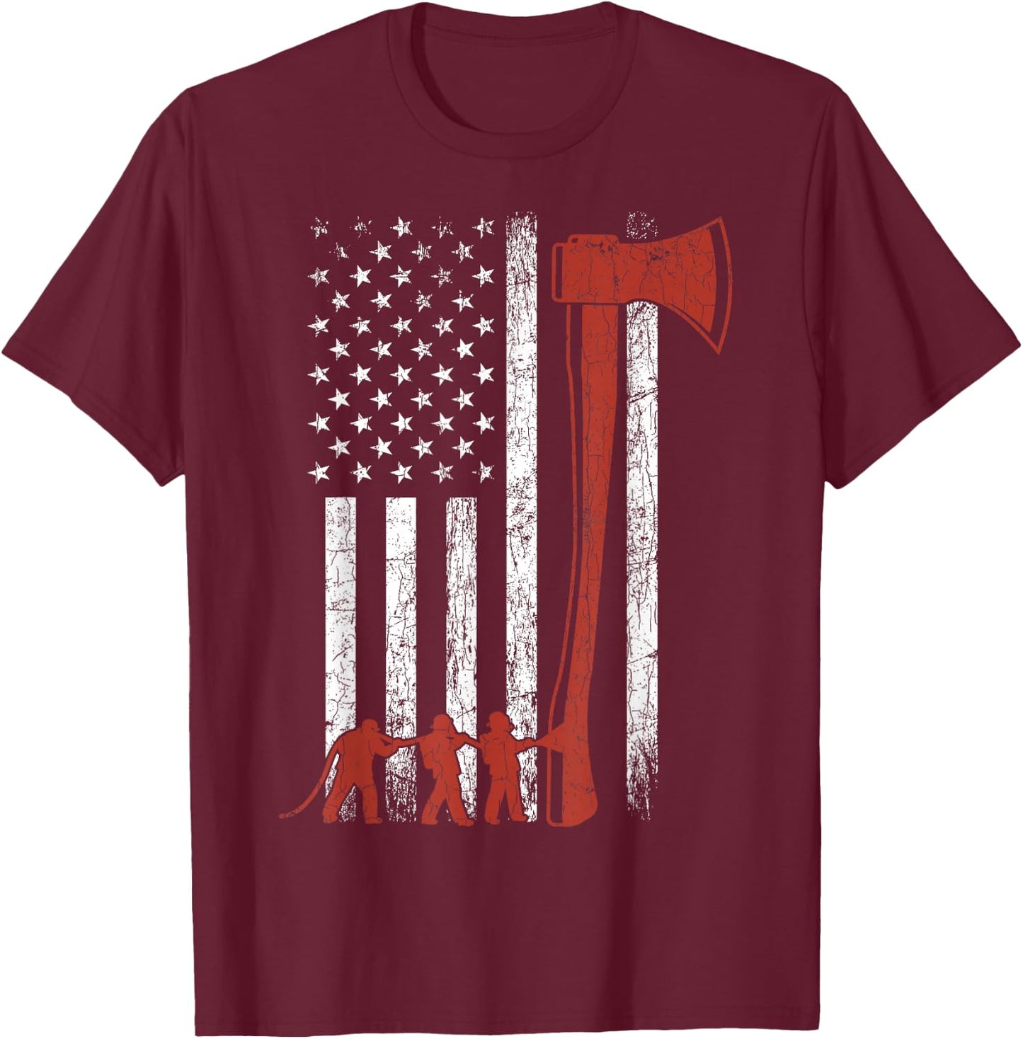 Firefighter USA Flag Funny Firemen Fire Truck Graphic T-Shirt - T-Shirt | Maroon