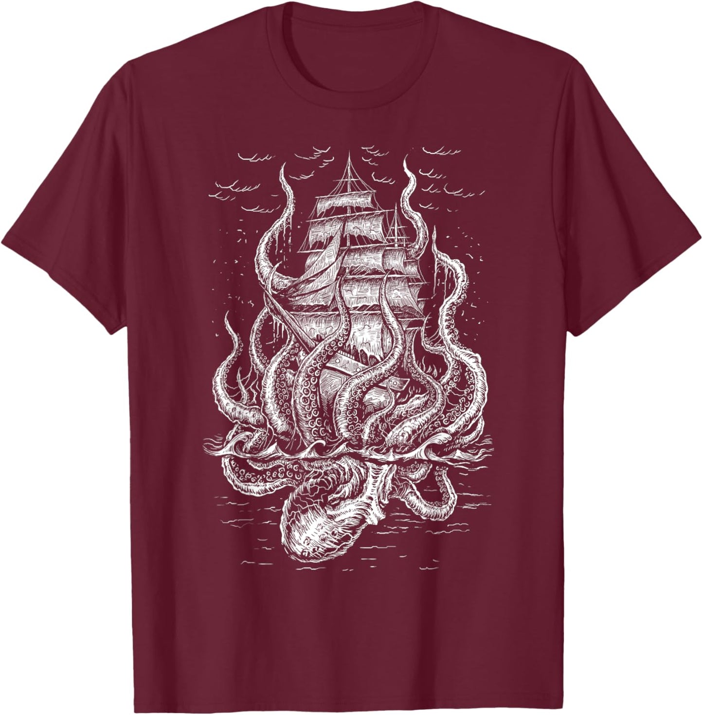 Call of the Kraken - Octopus with Pirateship T-Shirt - T-Shirt | Maroon