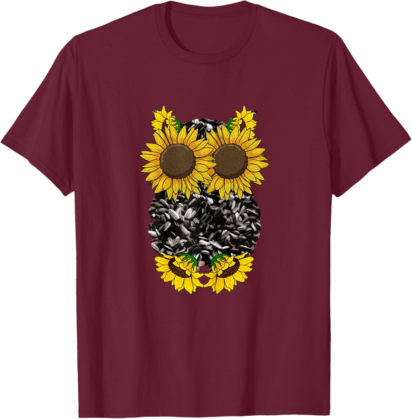 Sunflower Owl Cute Nocturnal Animal Floral Bird Lover Gift T-Shirt - T-Shirt | Maroon