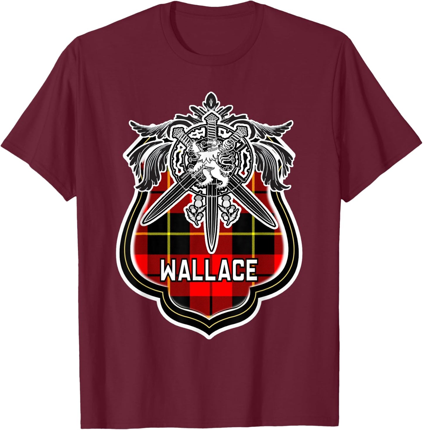 Wallace Scottish Clan Family Tartan Lion Sword Name T-Shirt - T-Shirt | Maroon