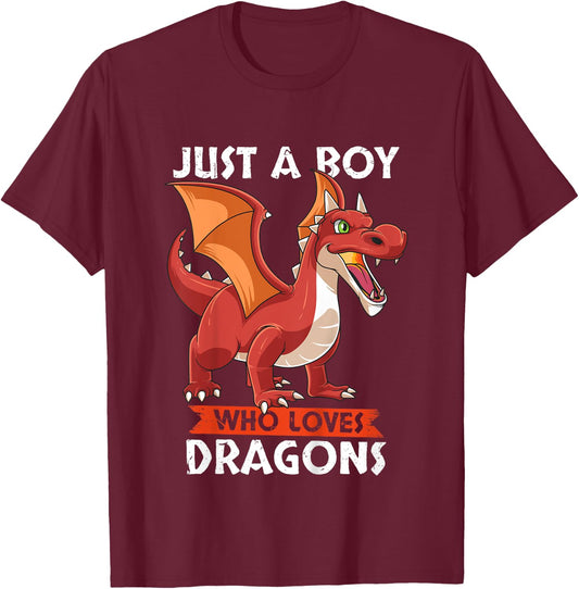 Kids Cute Just a Boy Who Loves Dragons - Gift T-Shirt - T-Shirt | Maroon