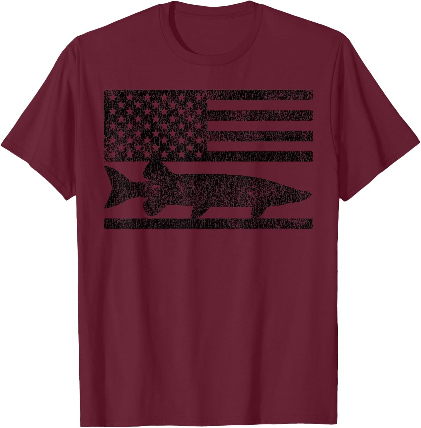 Musky Fishing - Muskie Fisherman American Flag Gift T-Shirt - T-Shirt | Maroon