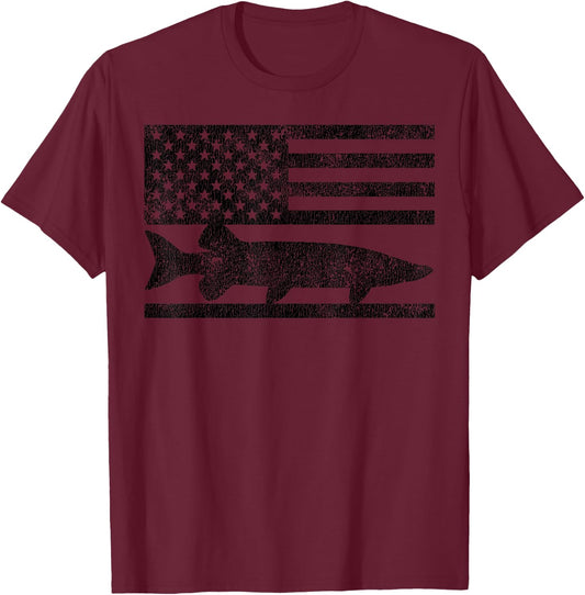 Musky Fishing - Muskie Fisherman American Flag Gift T-Shirt - T-Shirt | Maroon