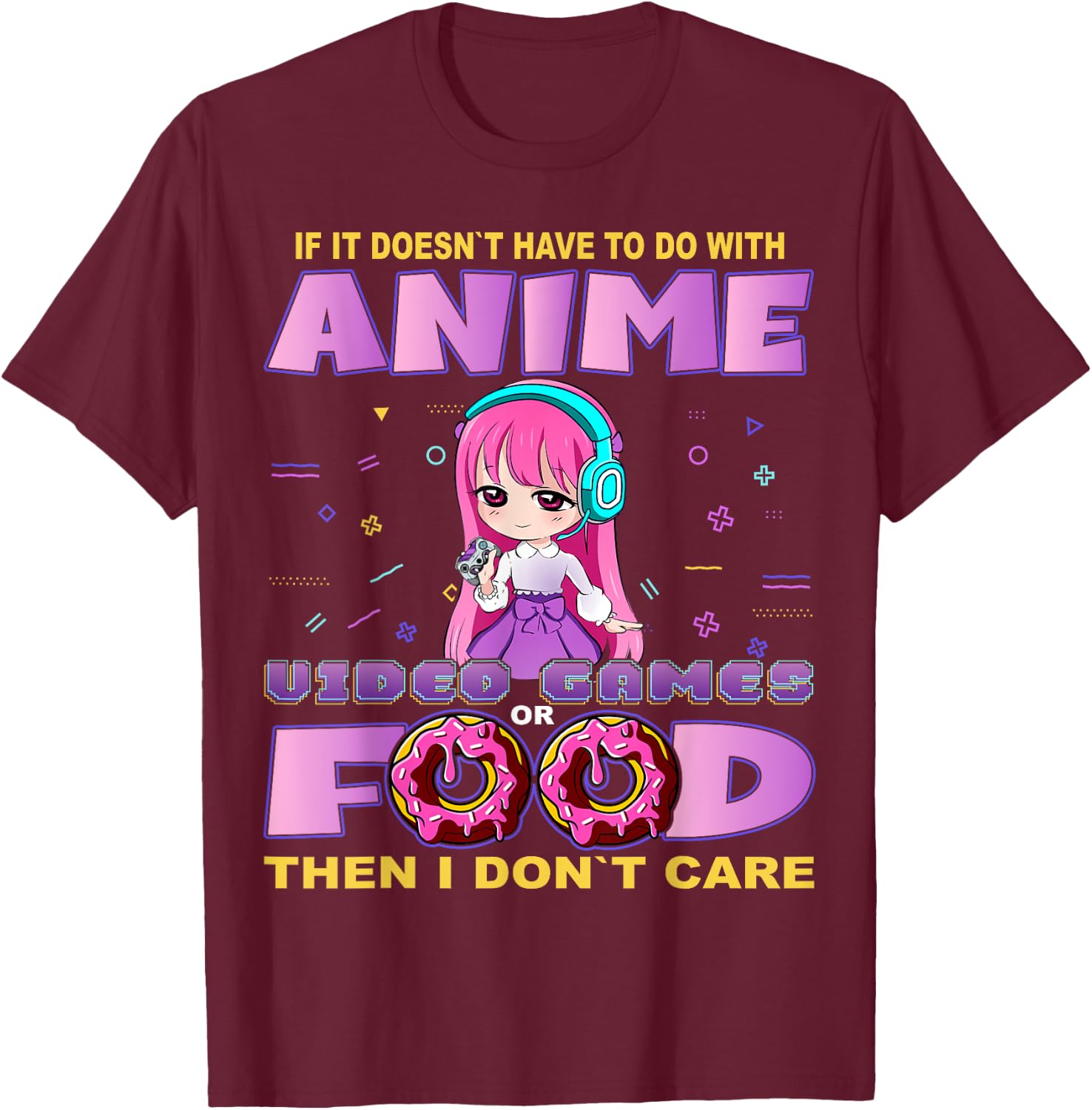 Funny Anime and Video Games Food Chibi Gaming Donut T-Shirt - T-Shirt | Maroon