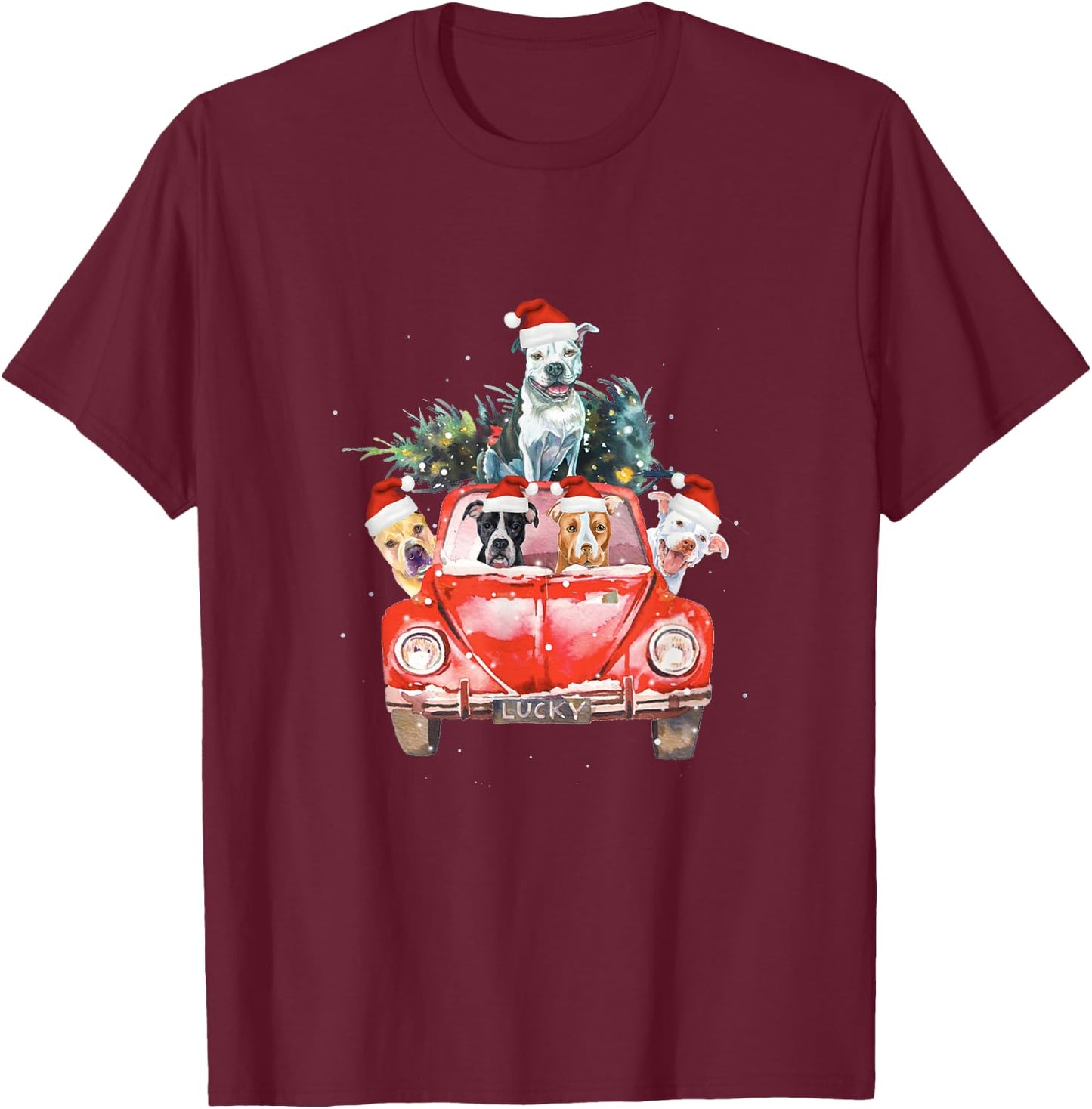Pitbull Riding Red Truck Christmas Tree Santa Pitbull Xmas T-Shirt - T-Shirt | Maroon