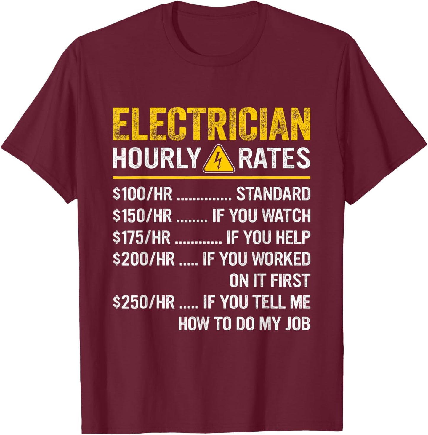 Funny Vintage Electricians Apparel Electrician Hourly Rates T-Shirt - T-Shirt | Maroon