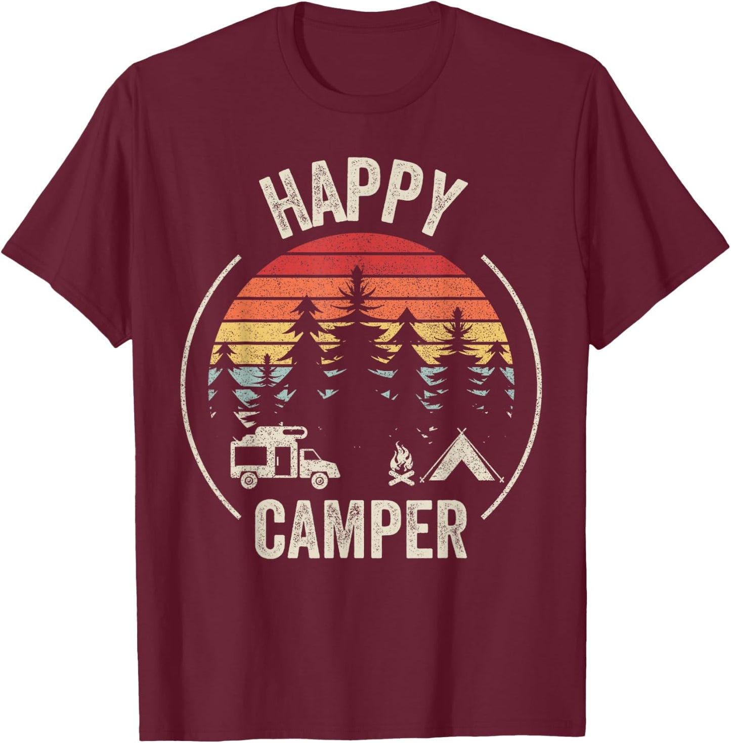 Vintage Retro Happy Camper Camping T-Shirt - T-Shirt | Maroon