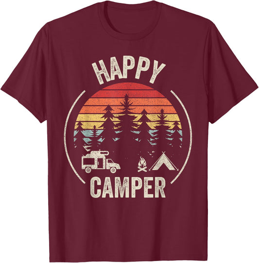 Vintage Retro Happy Camper Camping T-Shirt - T-Shirt | Maroon