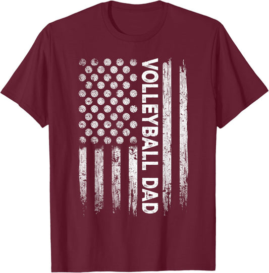 Vintage Volleyball Dad USA Flag Retro Fathers Day Daddy Papa T-Shirt - T-Shirt | Maroon