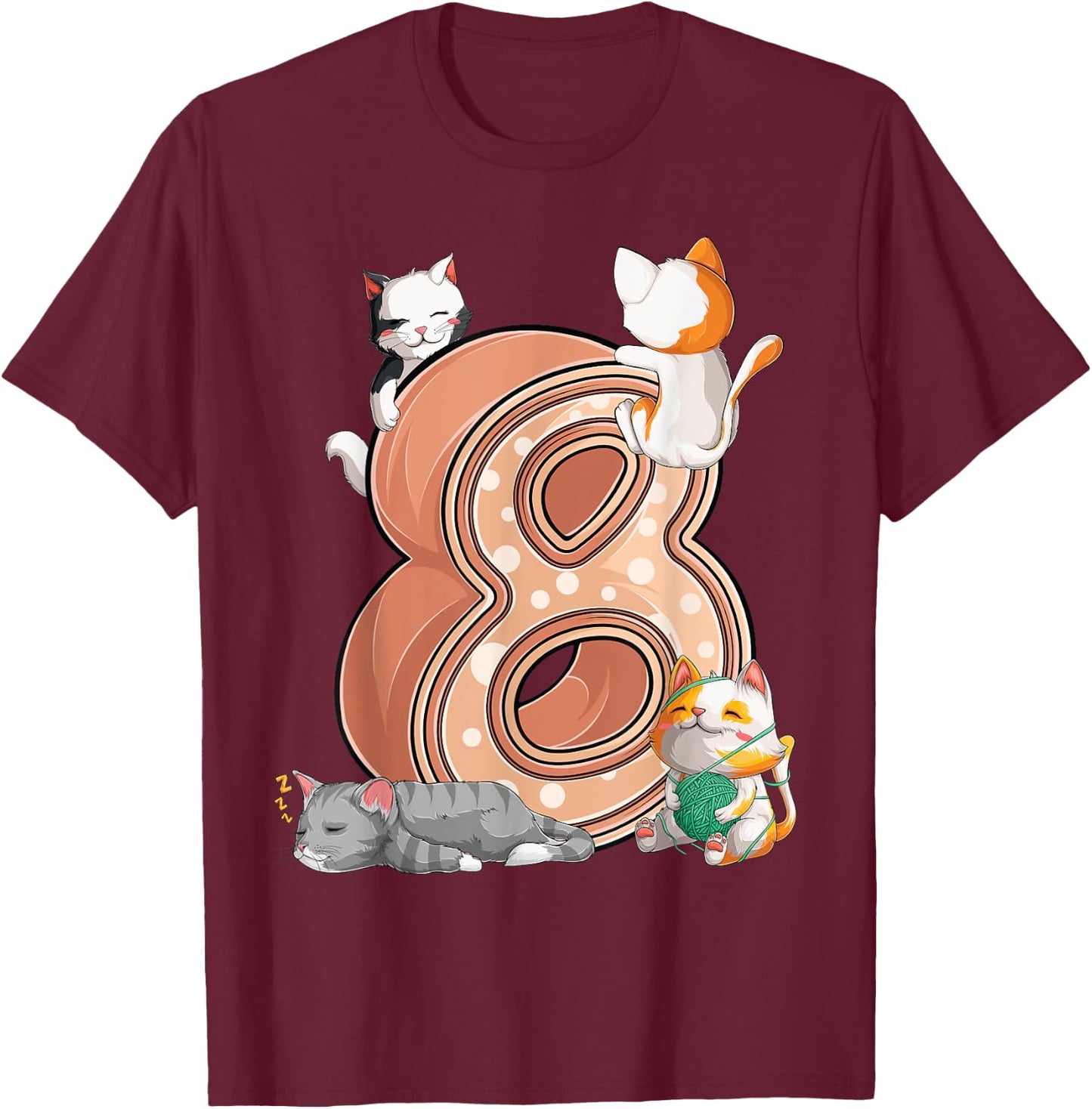 Cats 8th Birthday Party Eight 8 Years Old Kitten Pet Owner T-Shirt - T-Shirt | Maroon