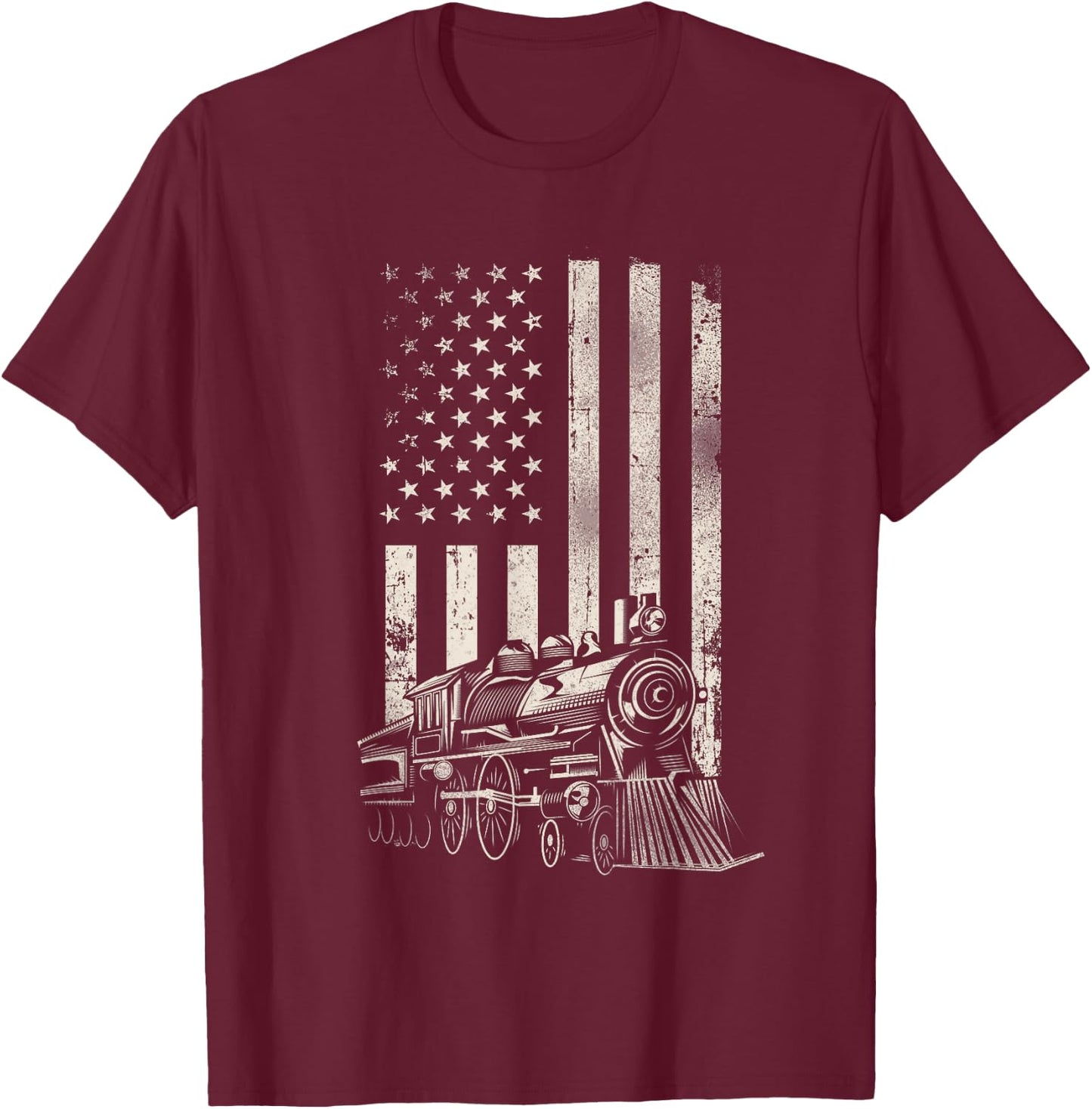 Steam Train Driver Trainspotting Locomotive American Flag T-Shirt - T-Shirt | Maroon