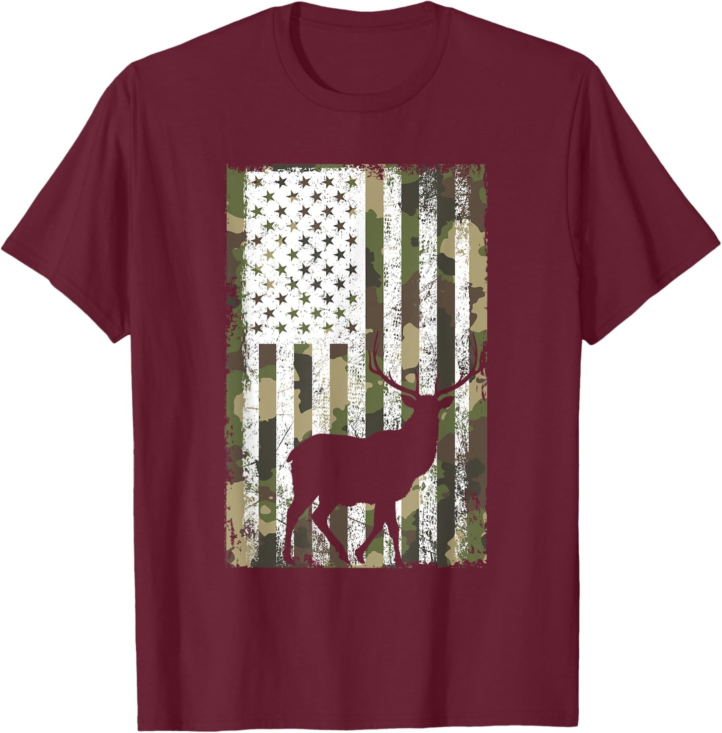 Camo US Flag Deer Elk Buck Camouflage Hunting Hunter Dad Men T-Shirt - T-Shirt | Maroon