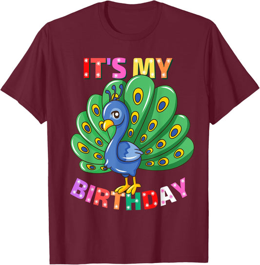 It's My Birthday Peacock Girls Birthday Peacock T-Shirt - T-Shirt | Maroon