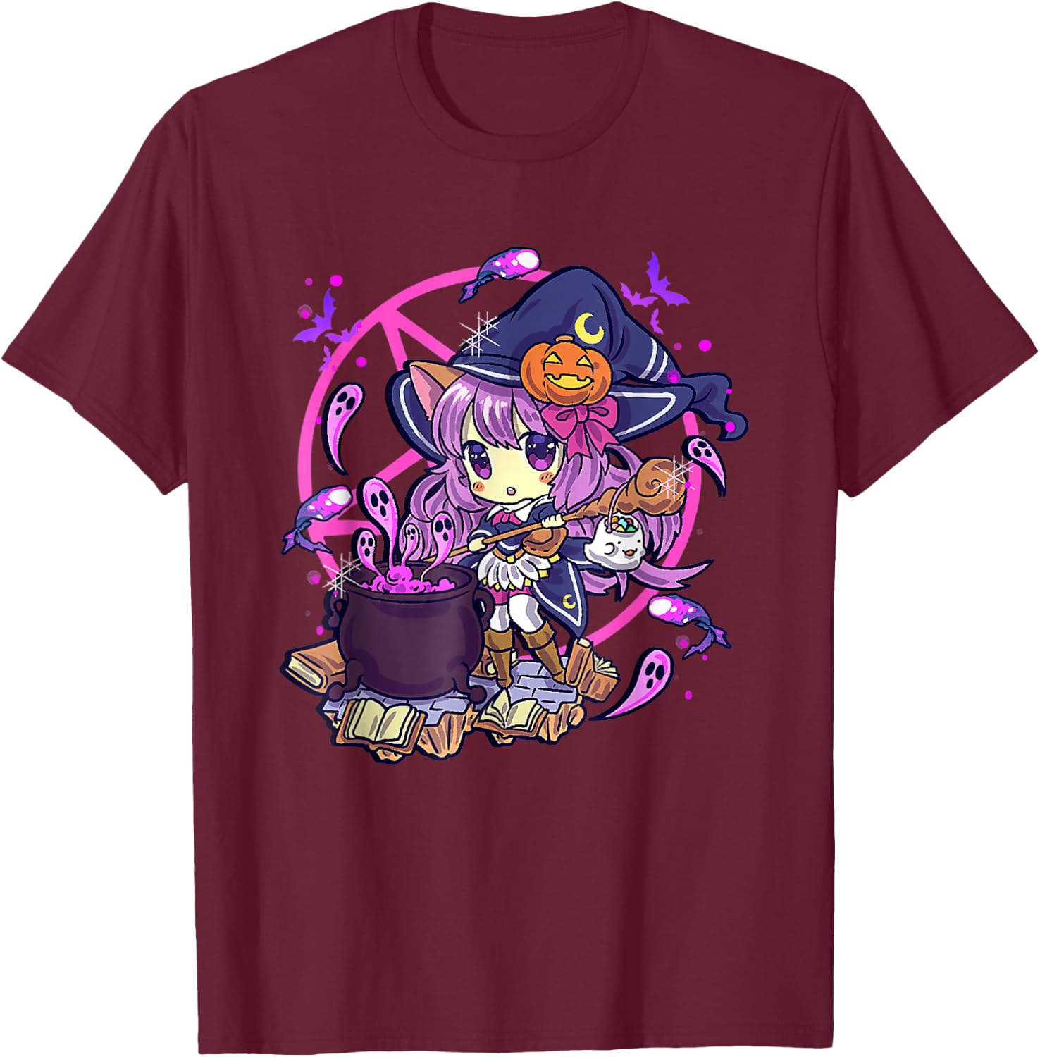 Cute Kawaii Chibi Anime Halloween Witch Kids Teen Girl T-Shirt - T-Shirt | Maroon