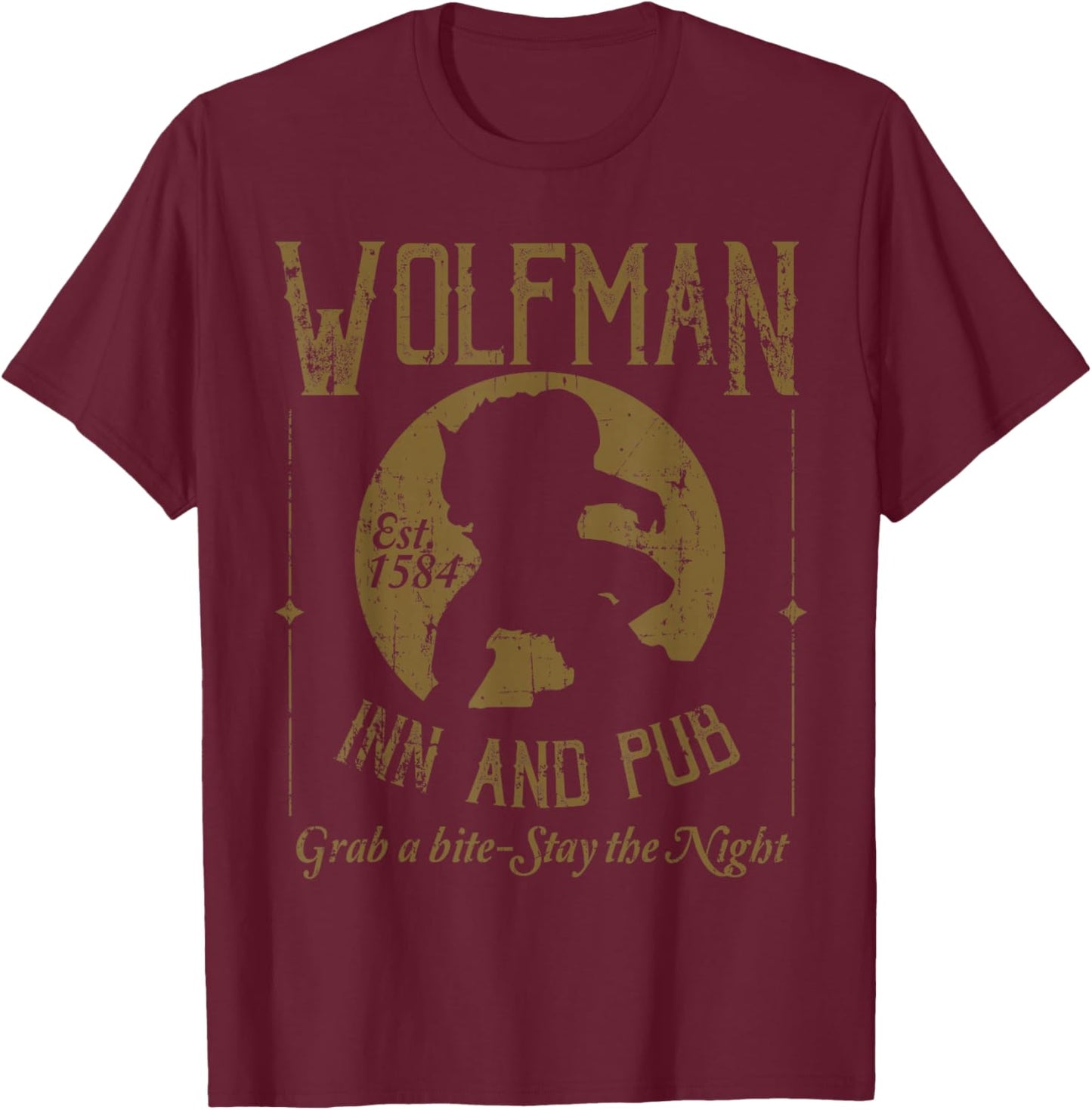 Candis Raechelle Designs Wolfman Inn and Pub Distressed Black T-Shirt - T-Shirt | Maroon