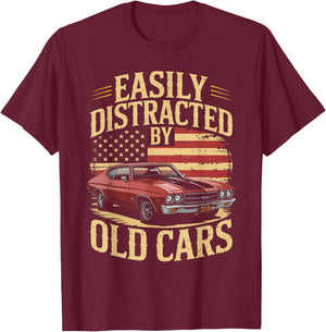 Easily Distracted by Old Cars Muscle Vibe Retro car Lovers T-Shirt - T-Shirt | Maroon