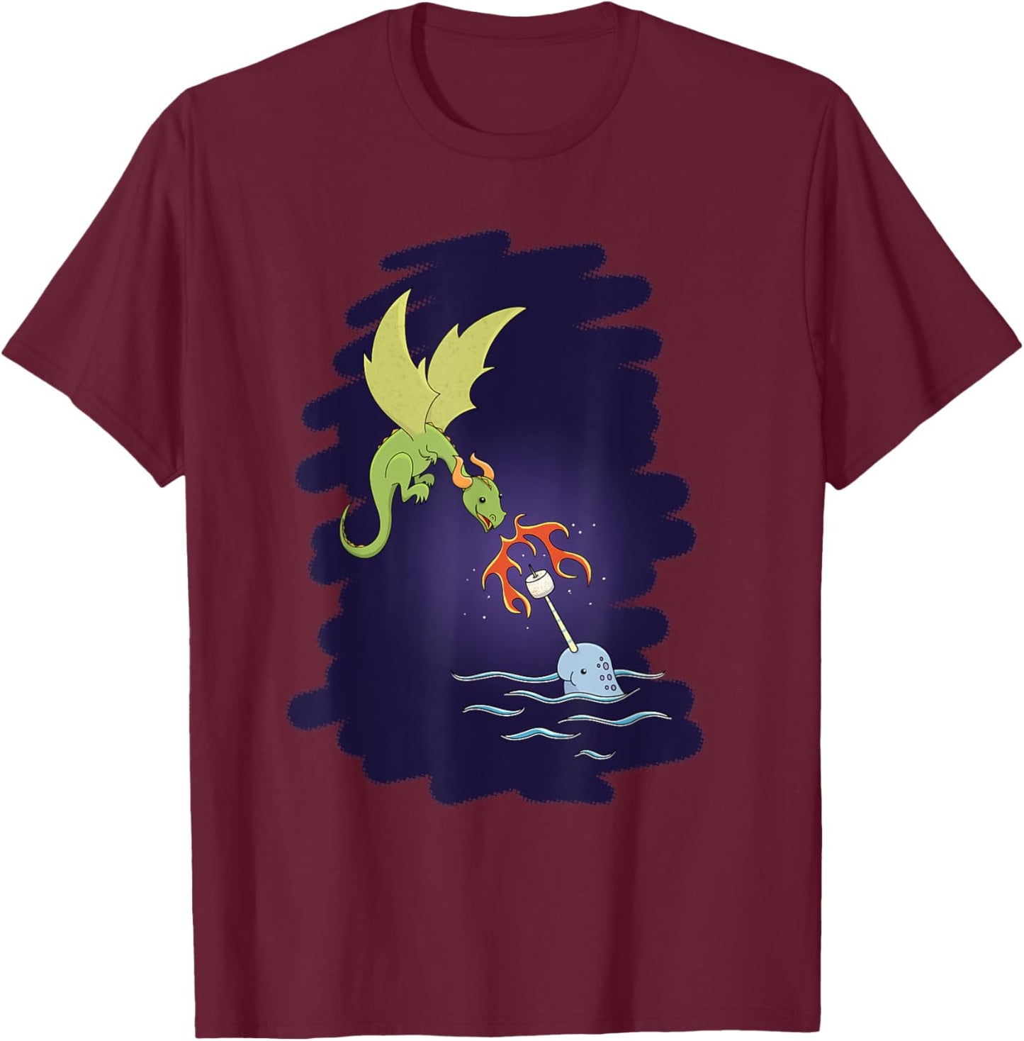 Dragon & Narwhal Campfire Marshmallow Roast, Teamwork T-Shirt - T-Shirt | Maroon