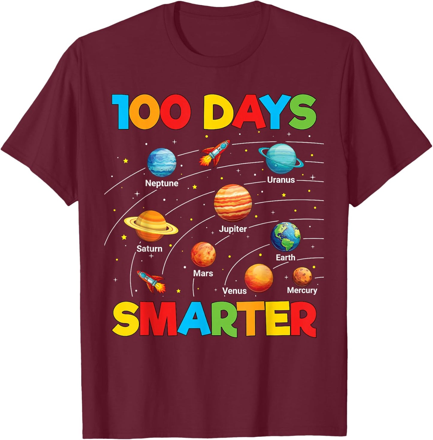 100 Days of School Shirt Astronaut Space 100 Days Smarter T-Shirt - T-Shirt | Maroon