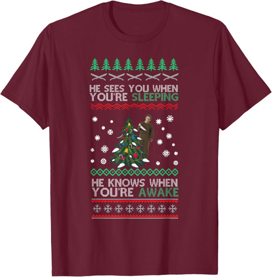 He Sees You When You're Sleeping Horror Christmas Ugly T-Shirt - T-Shirt | Maroon